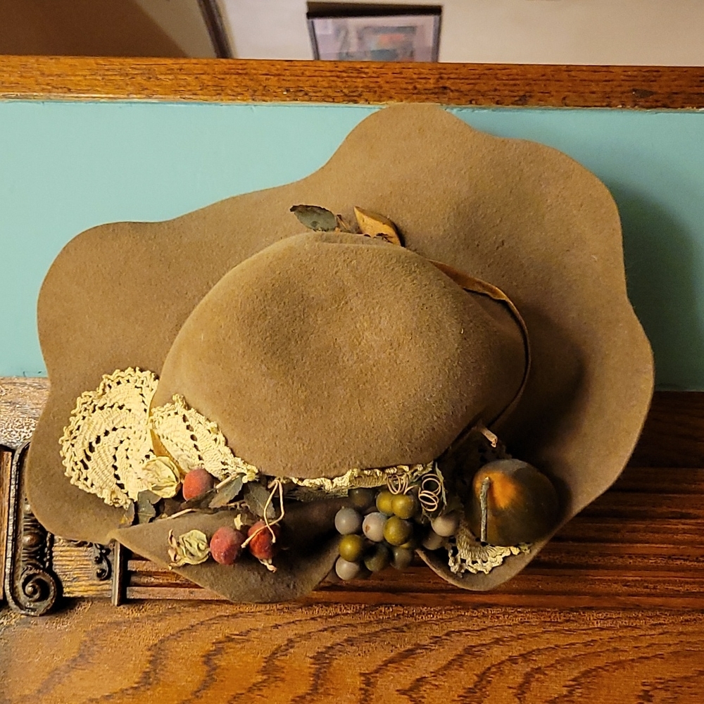 Vintage Women's Brown Felt Decorative Hat with Fruit Accent